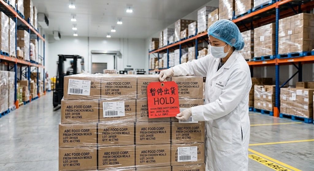 倉儲貨架前,著白袍與髮帽的人員在整棧板的紙箱上掛出紅色「暫停出貨 HOLD」標示牌,地面標示 HOLD AREA(情境示意圖)