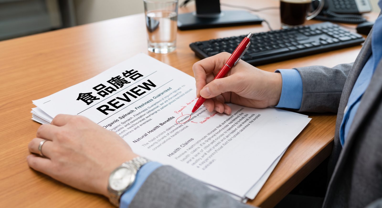 辦公桌上，審閱者以紅筆在「食品廣告 REVIEW」文件上圈出健康宣稱字句（情境示意圖）