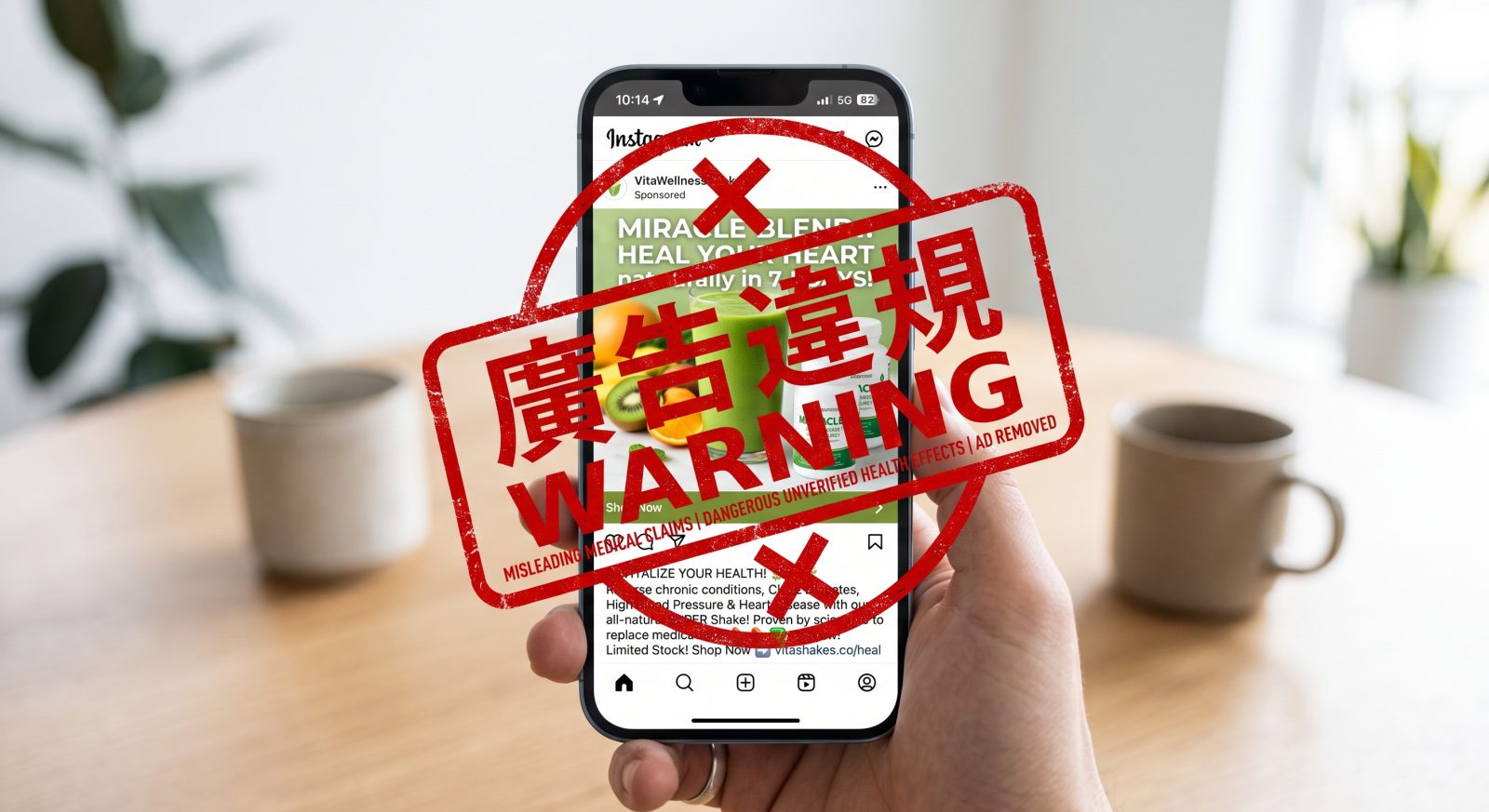 手持手機顯示一則社群平台的食品廣告，畫面上蓋有紅色「廣告違規 WARNING」印章（情境示意圖）