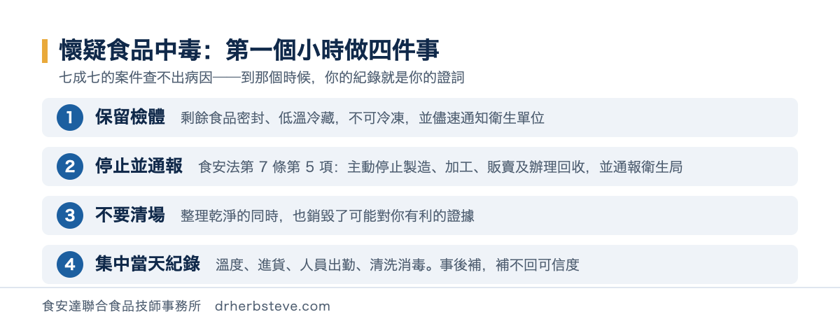 流程圖：懷疑食品中毒時第一個小時的四件事——保留檢體（剩餘食品密封低溫冷藏不可冷凍並儘速通知衛生單位）、依食安法第 7 條第 5 項停止製造加工販賣並辦理回收及通報衛生局、不要清場、集中當天的溫度進貨人員出勤與清洗消毒紀錄