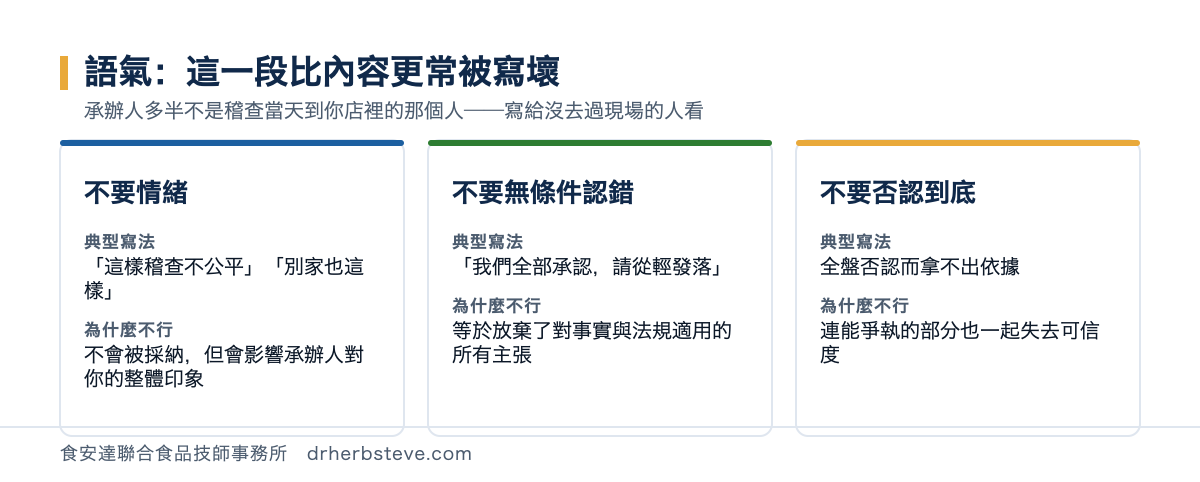 陳述書語氣的三個常見錯誤對照：不要情緒、不要無條件認錯、不要否認到底，各列出典型寫法與後果