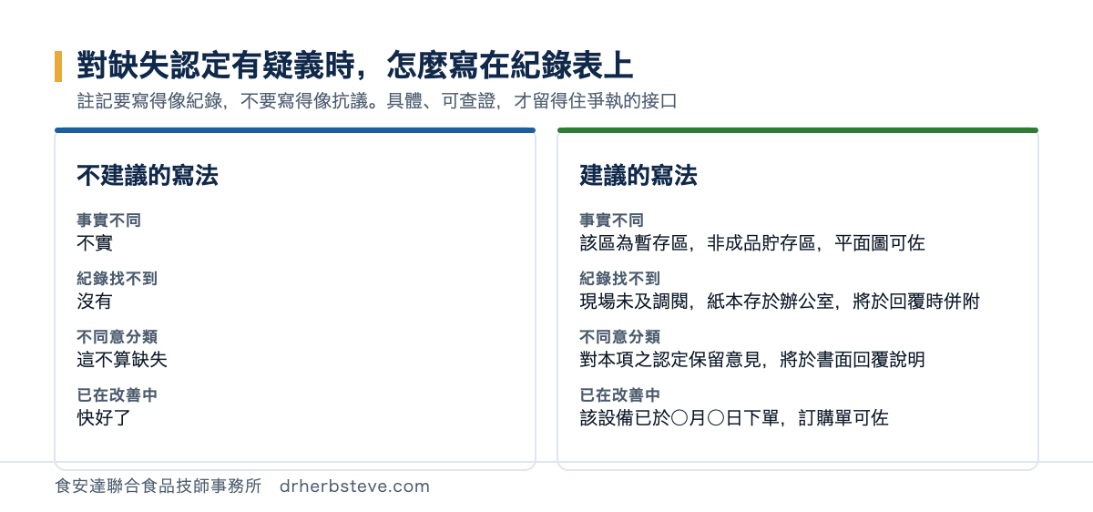 對照圖：對缺失認定有疑義時的四種情況，左欄為不建議的寫法（不實、沒有、這不算缺失、快好了），右欄為建議的寫法（該區為暫存區非成品貯存區平面圖可佐、現場未及調閱將於回覆時併附、對本項之認定保留意見將於書面回覆說明、該設備已於某月某日下單訂購單可佐）